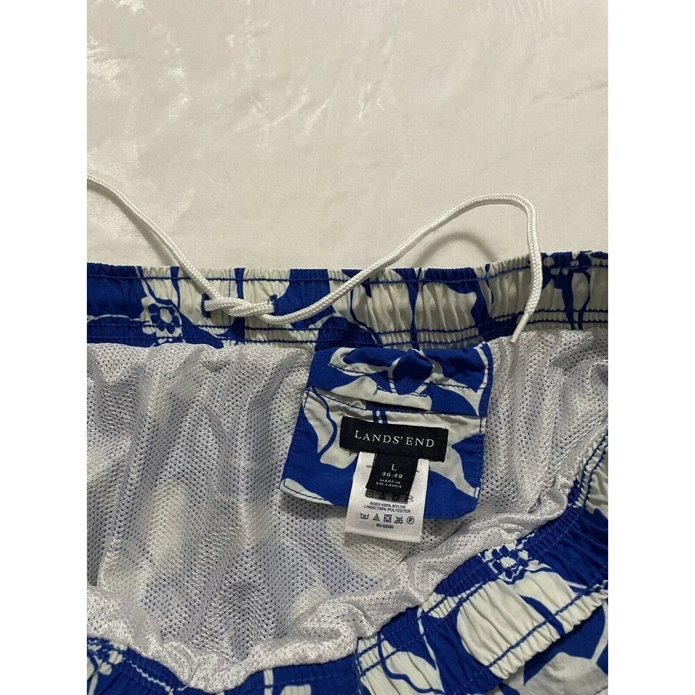 Lands End Swim Trunk Shorts Mens Large 36 38 Blue White Floral Pull On Lined